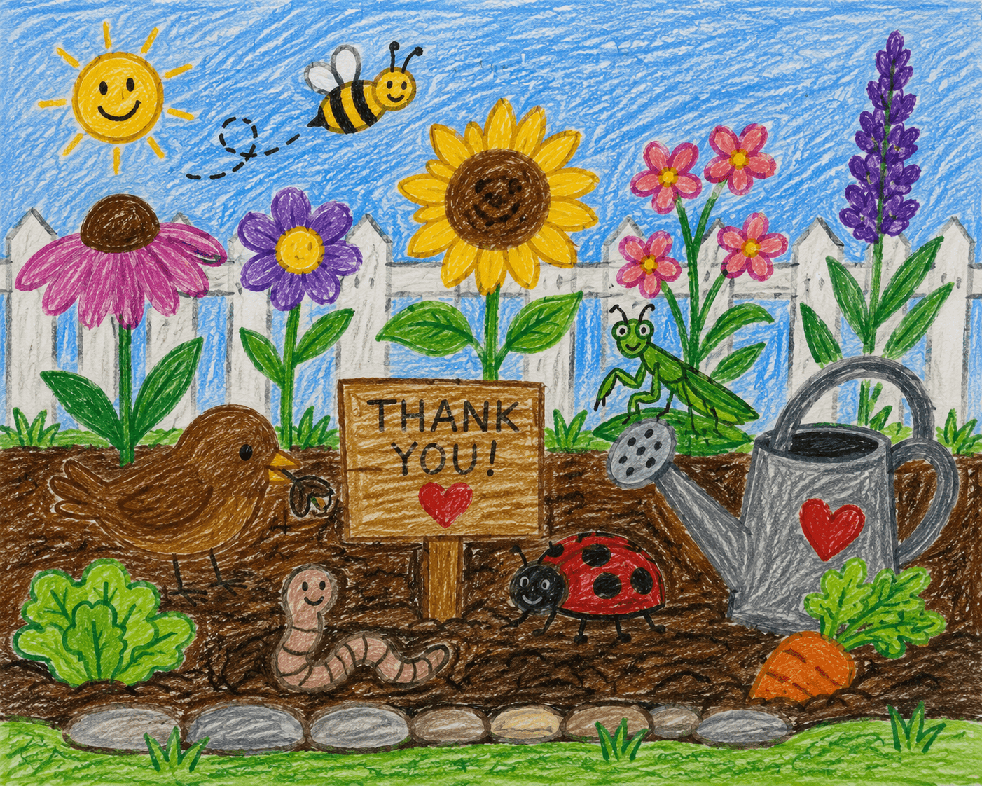 A cheerful garden full of flowers, helpful insects, a watering can, and a thank you sign.